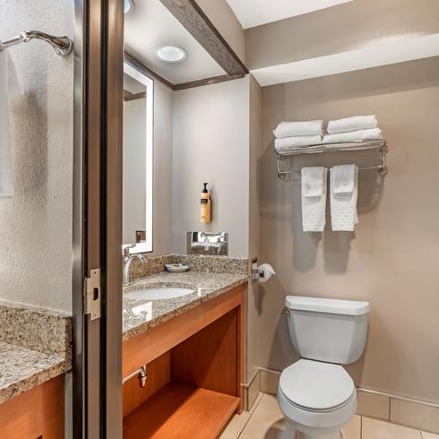 Modern bathroom with granite vanity and premium amenities in the King Suite at Best Western Grantree Inn.