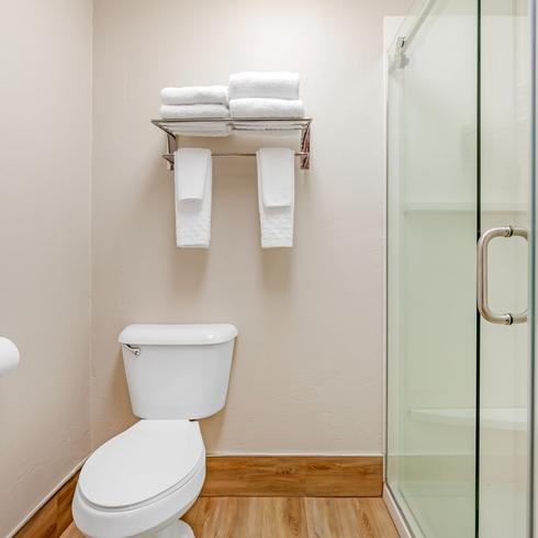 Modern bathroom with granite vanity, full shower, and premium amenities in the King Suite at Best Western GranTree Inn.